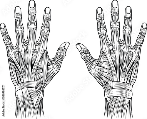 Human hand anatomy dorsal view, muscles tendons bones wrist metacarpals phalanges, medical illustration, biology diagram, healthcare vector, educational anatomical artwork