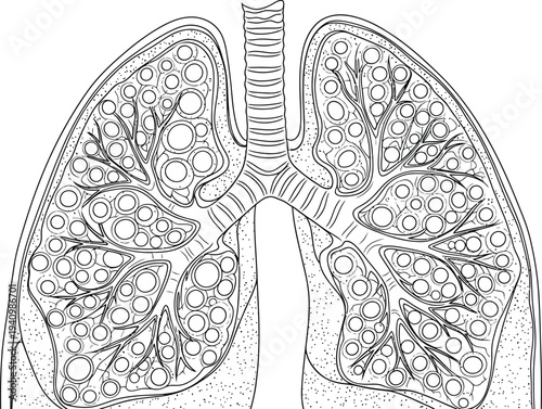 Human lung anatomy cross section, trachea bronchi bronchioles alveoli respiratory system, medical illustration, biology diagram, healthcare vector, educational anatomical artwork