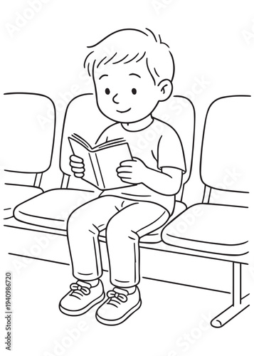 coloring book page boy reading a book while waiting in the hospital seating area