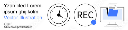 Time tracking, digital recording, file management, online communication, business tools, productivity. A clock, recording indicator and computer with a folder. Time tracking and digital recording