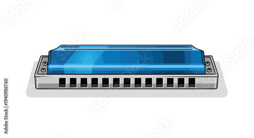 A bright blue harmonica with silver accents rests on a white background, showcasing its intricate design for musical creation