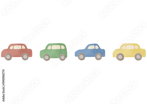 水彩風のカラフルな車の横並びイラスト｜赤青緑黄色の自動車・乗り物・交通・モビリティ・ベクター
