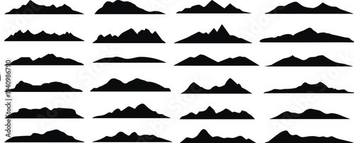 Mountain silhouettes, landscape icons, nature vector, outdoor clipart, hiking design, adventure motif, scenic illustration, creative graphic, terrain symbol, concept art