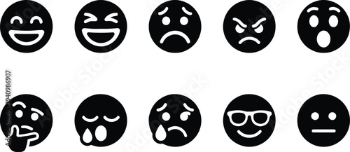 Set of 10 black emoticon icons vector