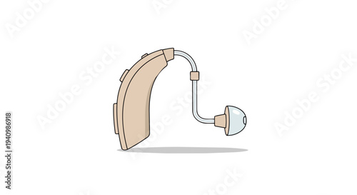 Illustrated depiction of a modern beige behind-the-ear hearing aid device with a clear ear mold and subtle shadow on a clean white background,