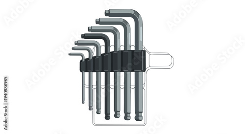 A meticulously organized set of hexagonal wrenches, showcasing their graduated sizes and practical holder for efficient storage and accessibility in