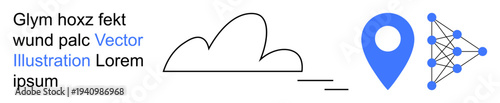 Data visualization, cloud technology, AI networking, geolocation services, digital mapping, futuristic design. Cloud outline, location marker network nodes. Cloud technology and geolocation services