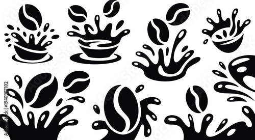 Coffee bean splash silhouettes set, espresso drink splash icons, cafe beverage design elements, coffee shop illustration collection