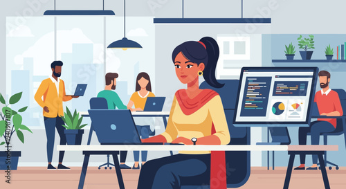 A diverse team works diligently with technology in a modern office.