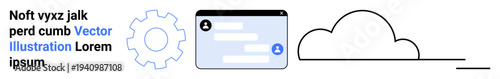 Data management, cloud computing, digital interface, online storage, team communication, software development. A gear, a cloud icon and a device screen with text elements. Data management and cloud