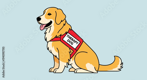 A gentle golden retriever wearing a red "Therapy Dog" vest sits patiently.