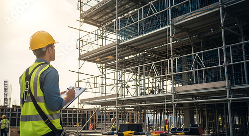 Industrial laborer wearing protective helmet stands before massive scaffolding structure at urban construction site demonstrating occupational safety compliance and professional building management.