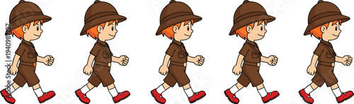 boy walking animation sequence, cartoon explorer kid walk cycle frames, character movement sprite sheet vector illustration set