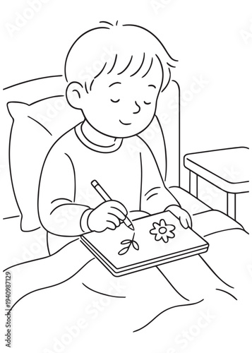 coloring book page boy drawing and coloring while resting in bed