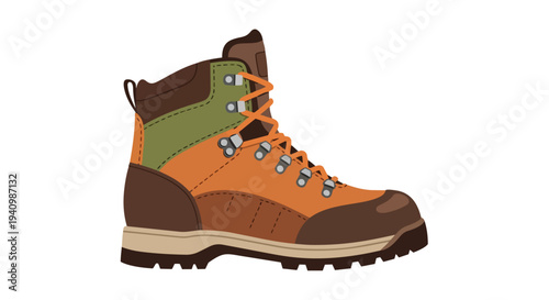 Illustrative depiction of a durable, multi-colored hiking boot designed for rugged outdoor adventures, emphasizing its robust construction and