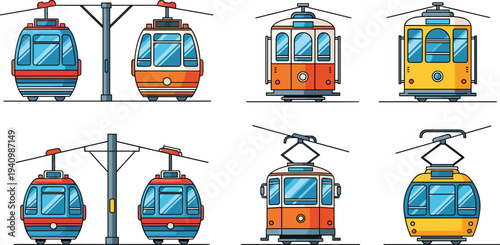 cable car gondola icons set, mountain ropeway transport collection, aerial tramway cabins illustration, tourism cable lift vector