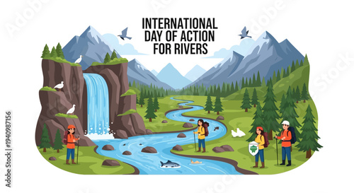 Illustration of people protecting a river ecosystem on International Day of Action for Rivers with mountains and trees in the background.