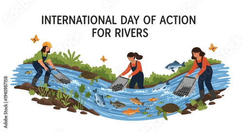 Illustration of people cleaning a river with nets on International Day of Action for Rivers, promoting river conservation and freshwater protection awareness with a green and blue color