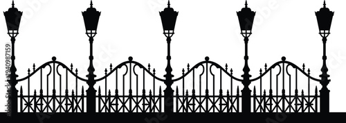 Vintage street lamp and iron fence silhouette, decorative city park railing, classic urban streetlight architecture design illustration