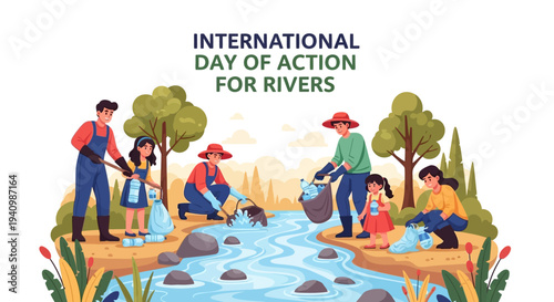 Illustration of diverse people engaging in river conservation activities on International Day of Action for Rivers with a focus on freshwater protection and ecosystem conservation.