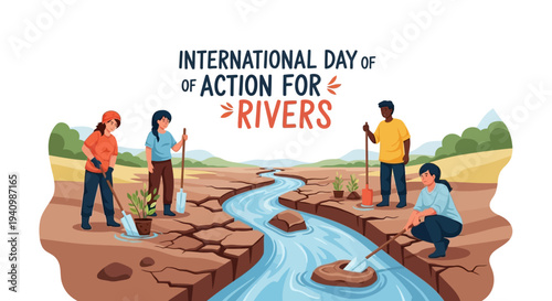 Illustration of people working together to protect and conserve a river on International Day of Action for Rivers with a focus on river ecosystem conservation and freshwater protection.