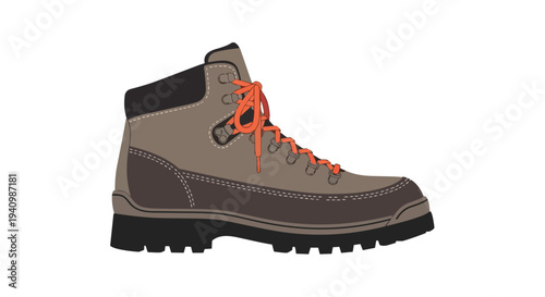 Detailed illustration of a sturdy brown hiking boot with vibrant orange laces isolated on a clean white background for outdoor adventures