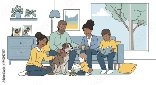 A happy diverse family relaxes with their dog in a cozy home.