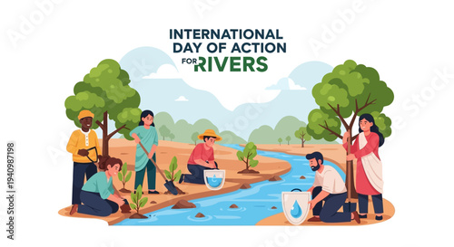 Illustration of diverse people engaging in river conservation activities on International Day of Action for Rivers with a focus on freshwater protection and ecosystem conservation.