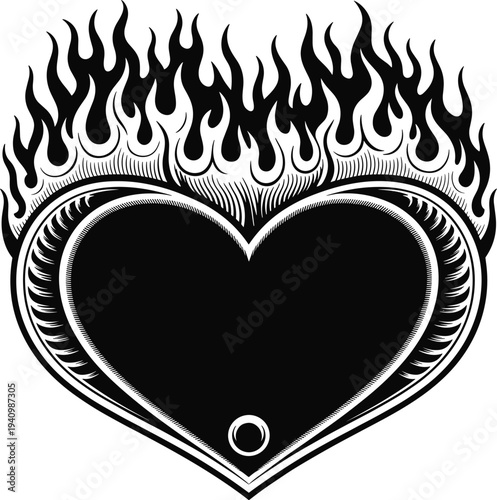 Flaming heart sacred symbol illustration, burning love emblem design, fire passion icon, gothic tattoo style decorative artwork