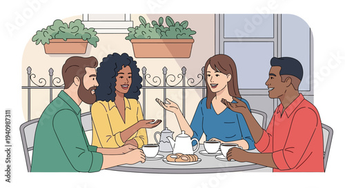 Four diverse friends enjoy a pleasant conversation at an outdoor cafe.