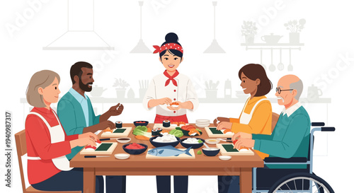 Diverse group learns to make sushi during a fun cooking class.