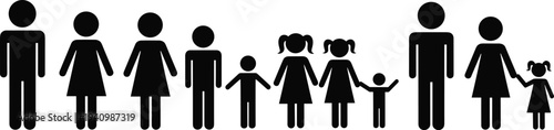 family members icon set, father mother children pictogram silhouettes, parents kids people vector illustration collection