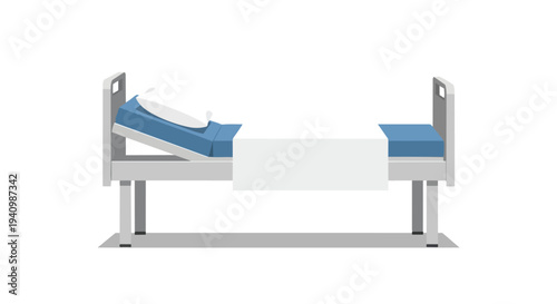Adjustable hospital bed with blue mattress and white sheets, isolated on a clean white background