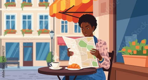 A woman plans her journey reading a map at an outdoor cafe.