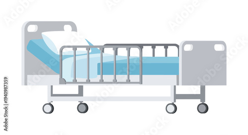 A clean, modern hospital bed illustration with adjustable features and protective rails, ready for patient care