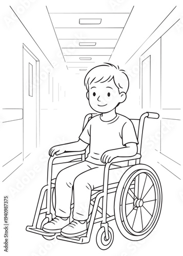 coloring book page boy sitting in a wheelchair in a hospital corridor