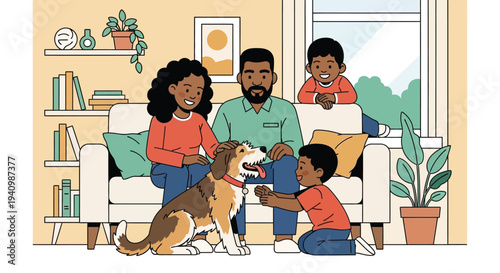 A happy diverse family enjoys spending quality time with their dog.