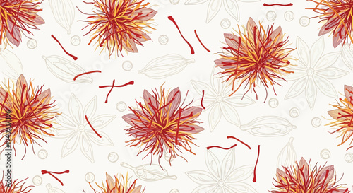 A beautiful seamless pattern showcasing delicate saffron flowers and threads.