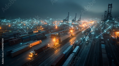 intermodal blockchain logistics hub with cargo trains, trucks and port cranes, glowing digital supply chain nodes