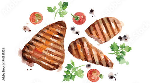Grilled steak fillets with tomato slices and herbs watercolor food illustration