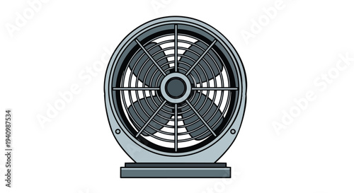 Close-up Illustration of a Gray Electric Fan with Multiple Blades and Protective Grille on a Stand