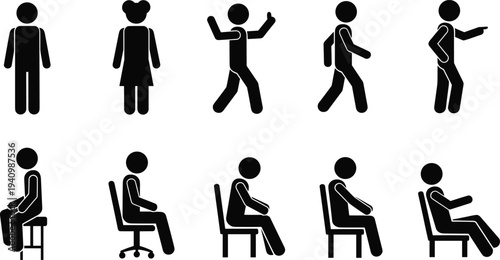 people activity icon set, human gestures walking sitting pointing pictograms, daily life posture vector illustration symbols collection