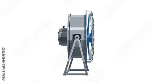 Industrial Grade Electric Fan with Blue Blades and Protective Cage for Enhanced Airflow and Ventilation