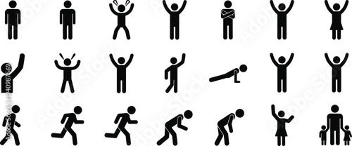 people activity pictogram icon set, human gestures walking running jumping family symbols vector illustration collection