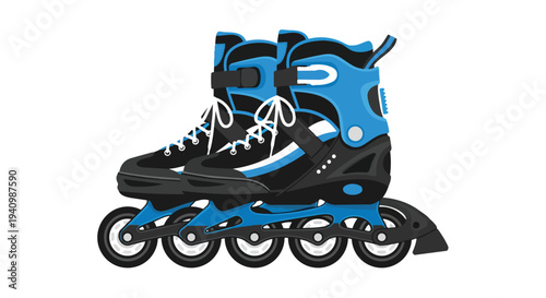 Dynamic illustration of inline skates in vibrant blue and black showcasing their athletic design and multiple wheels ready for action