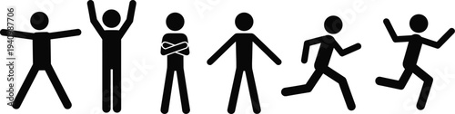 stick figure people poses set, human pictogram actions collection, running jumping standing icons, simple silhouette characters illustration
