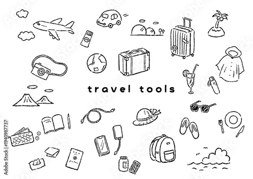 旅行モチーフの手描き風モノクロ線画セット