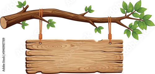 wooden hanging signboard illustration, rustic wood plank sign, tree branch signboard, natural wooden banner, forest style design template