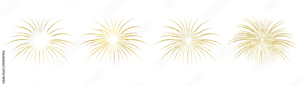 Fototapeta premium Golden glitter fireworks burst set isolated on transparent background, featuring sparkling festive explosions.