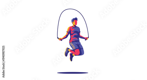 Vibrant illustration of an athlete energetically jumping rope, captured mid-air in a dynamic pose against a clean white backdrop, showcasing